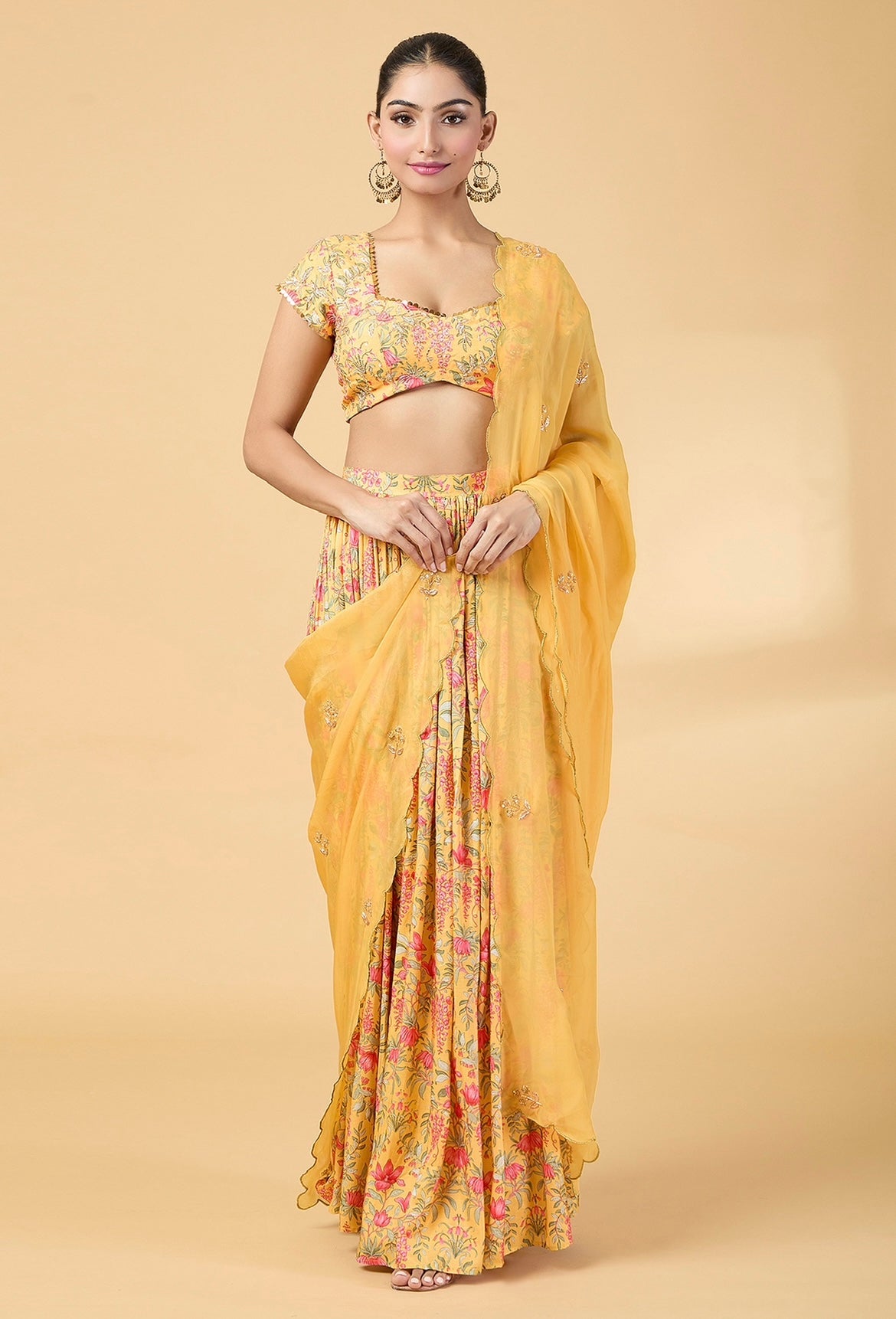 YELLOW FLORAL PRINTED LEHENGA