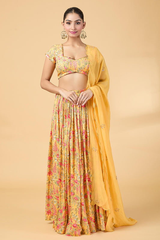 YELLOW FLORAL PRINTED LEHENGA