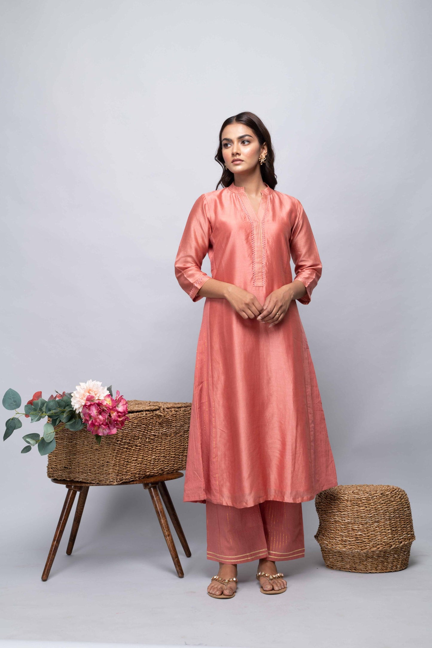 PEACH CHANDERI SUIT SET