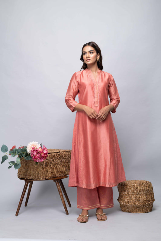 PEACH CHANDERI SUIT SET