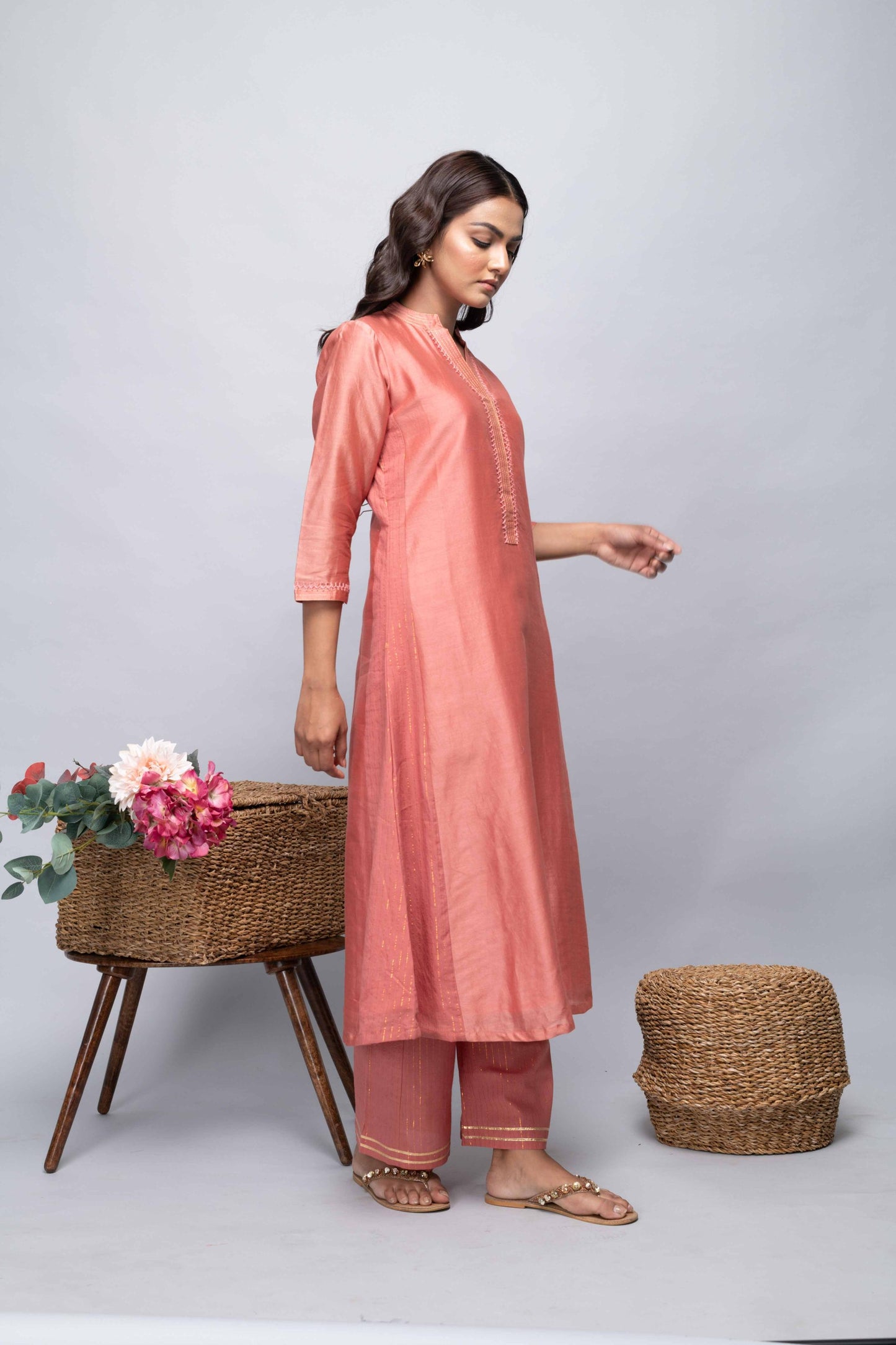 PEACH CHANDERI SUIT SET