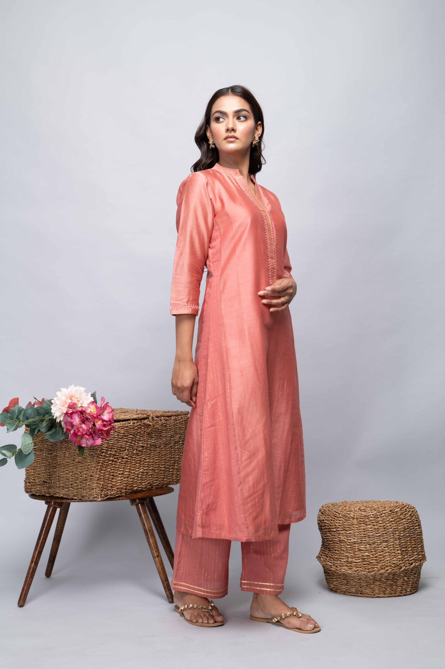 PEACH CHANDERI SUIT SET