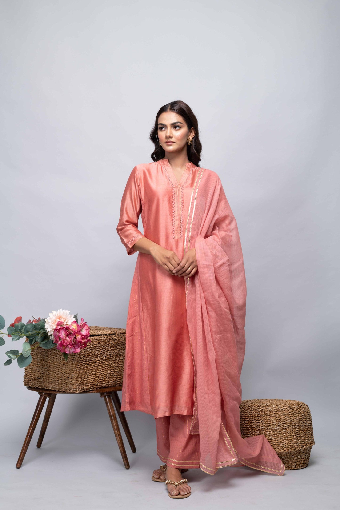 PEACH CHANDERI SUIT SET