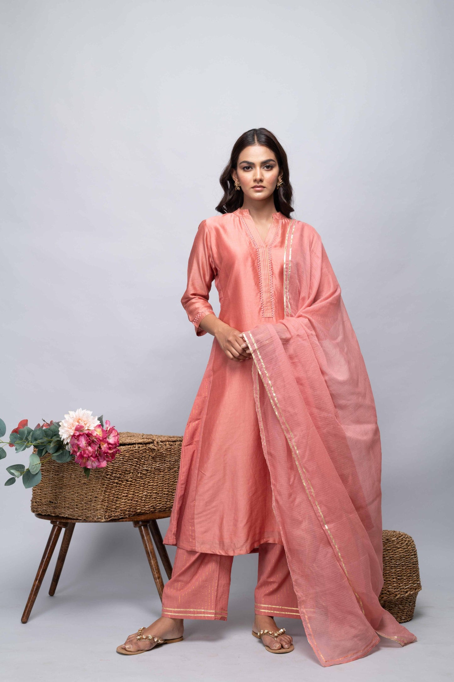 PEACH CHANDERI SUIT SET