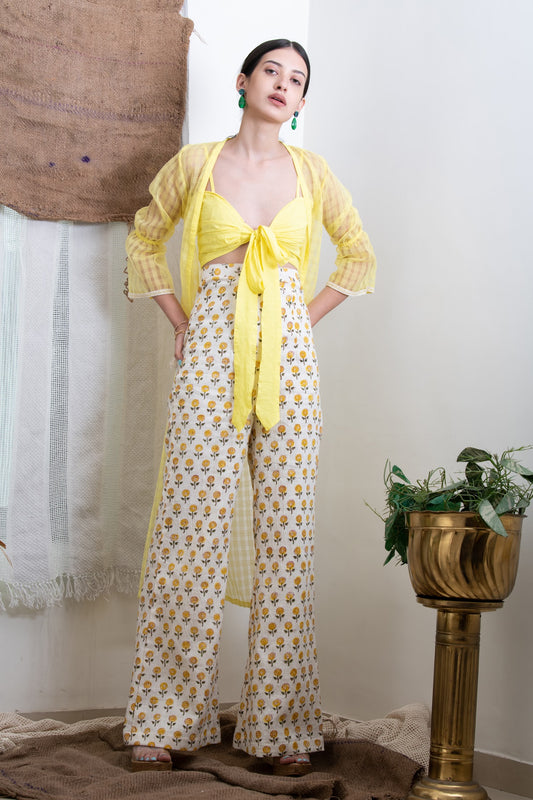 YELLOW PRINTED SHRUG SET