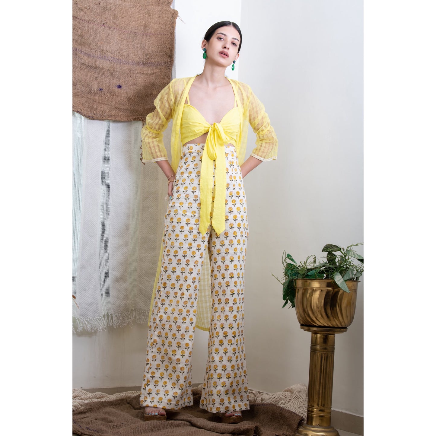 YELLOW PRINTED SHRUG SET