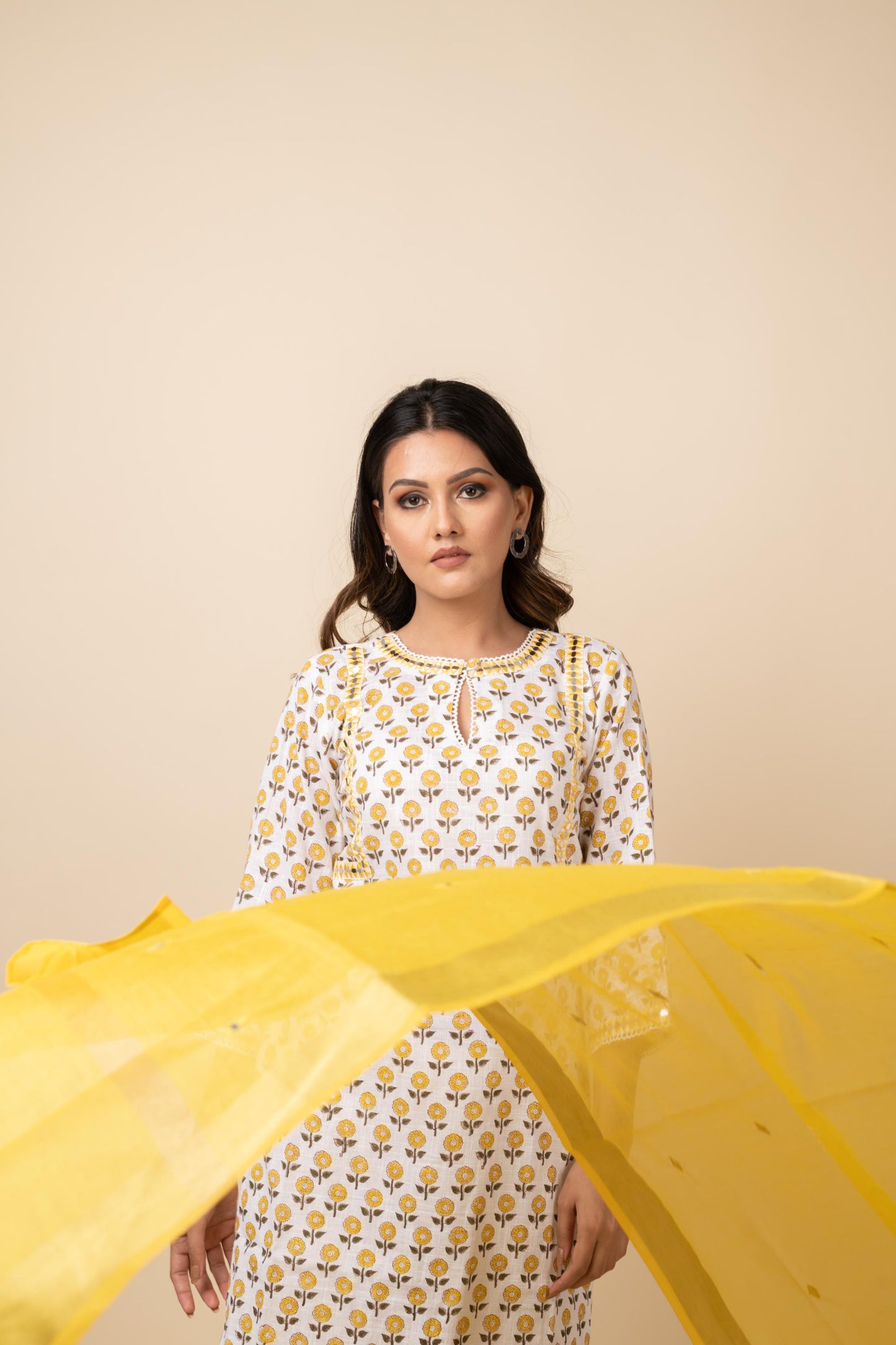 YELLOW PRINTED BUTTI SUIT SET