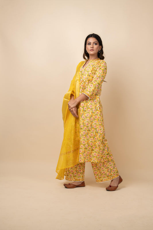 YELLOW PRINTED JAAL SUIT SET