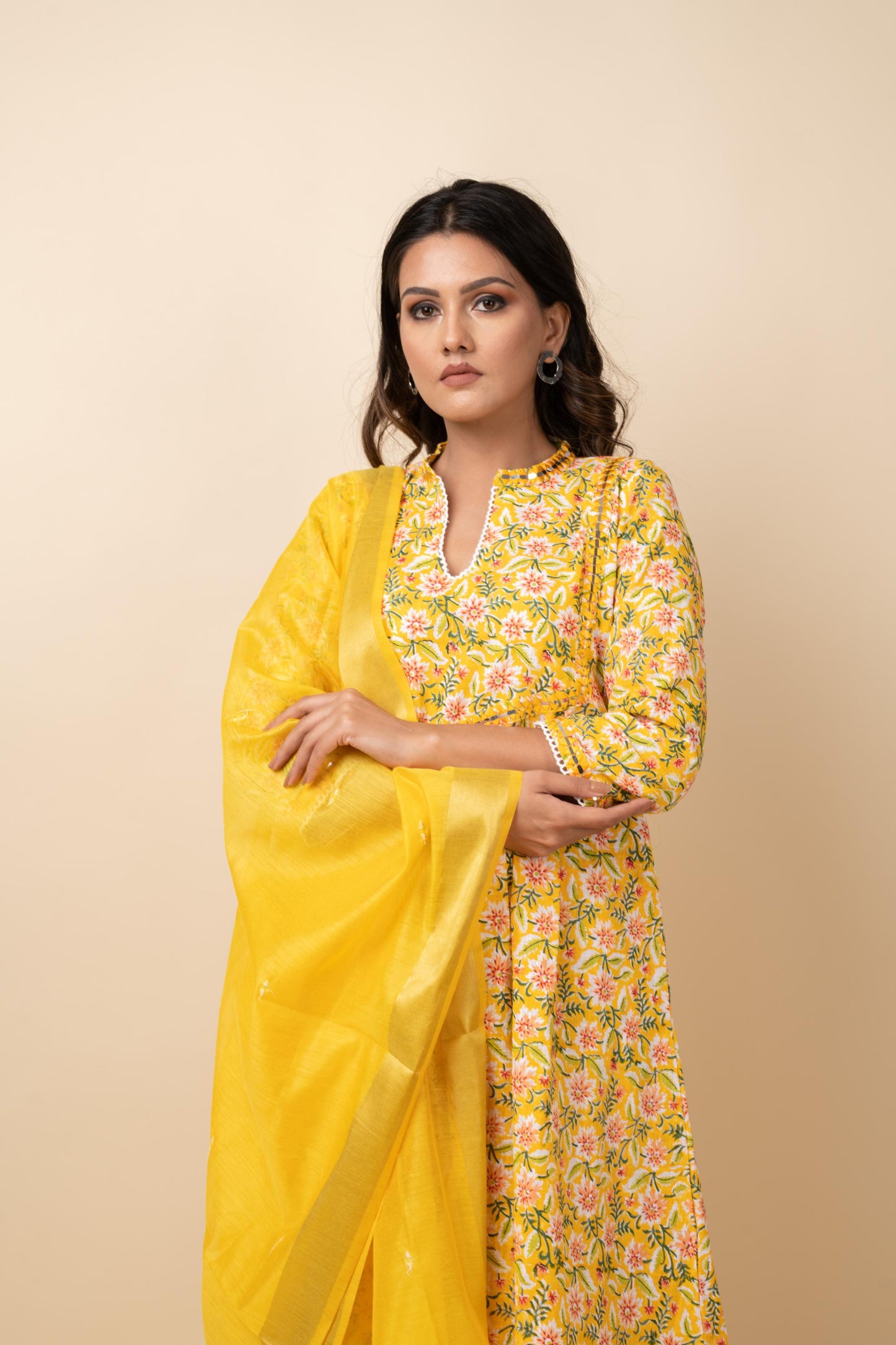 YELLOW PRINTED JAAL SUIT SET