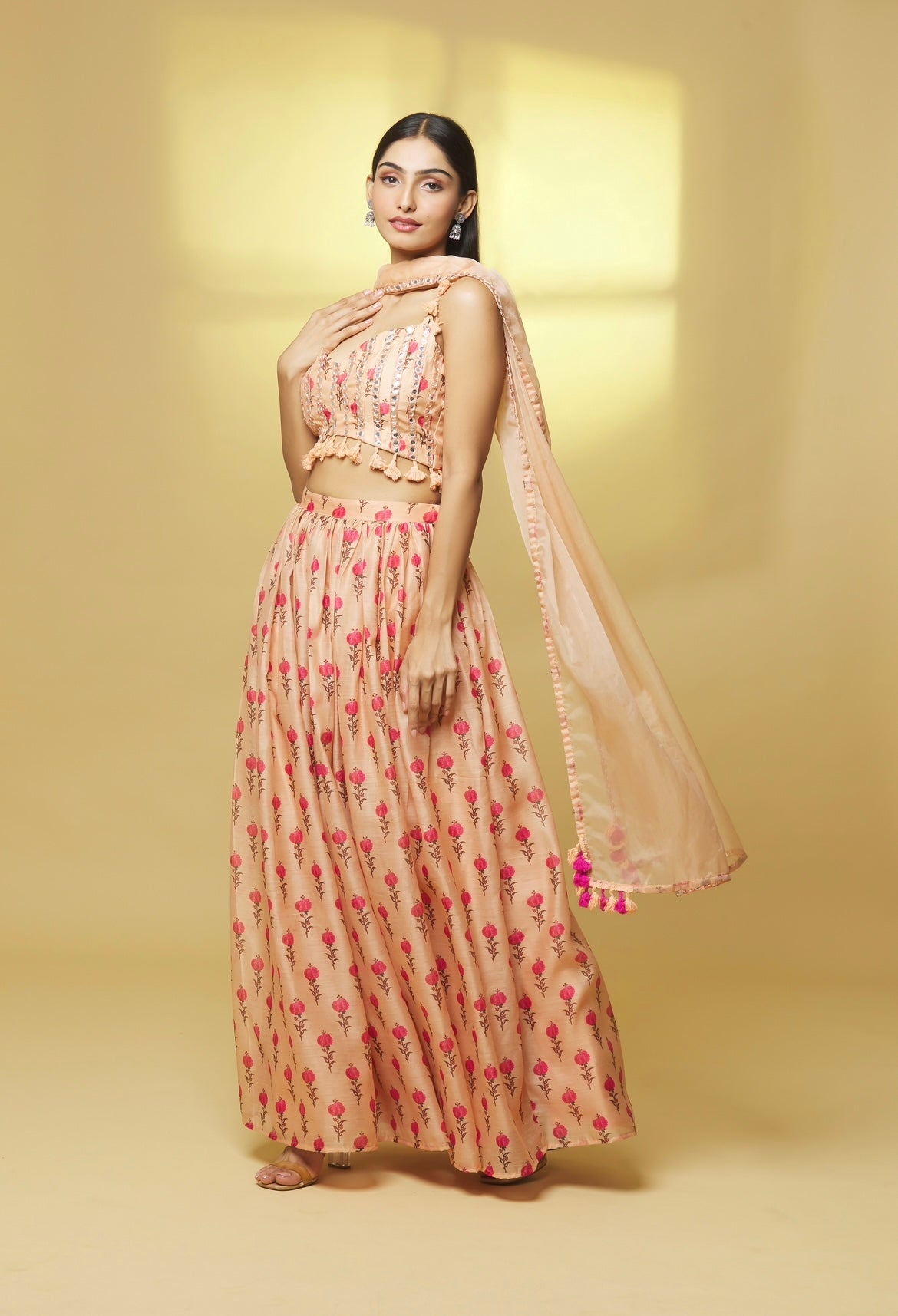 PEACH PRINTED CHANDERI LEHENGA