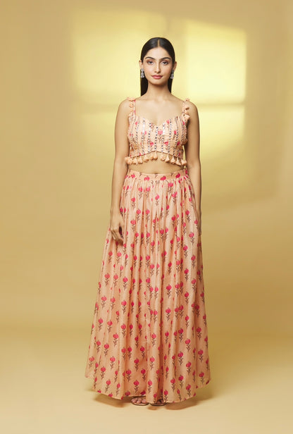 PEACH PRINTED CHANDERI LEHENGA