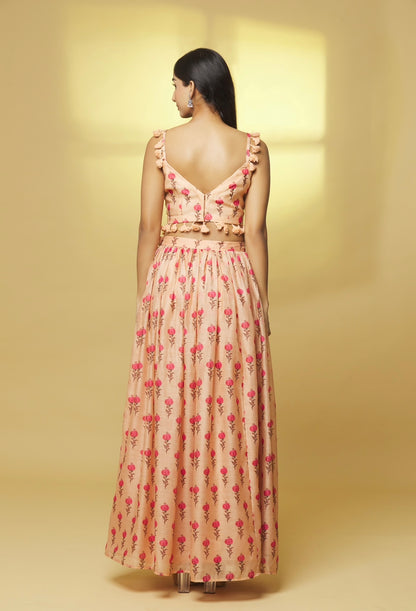 PEACH PRINTED CHANDERI LEHENGA