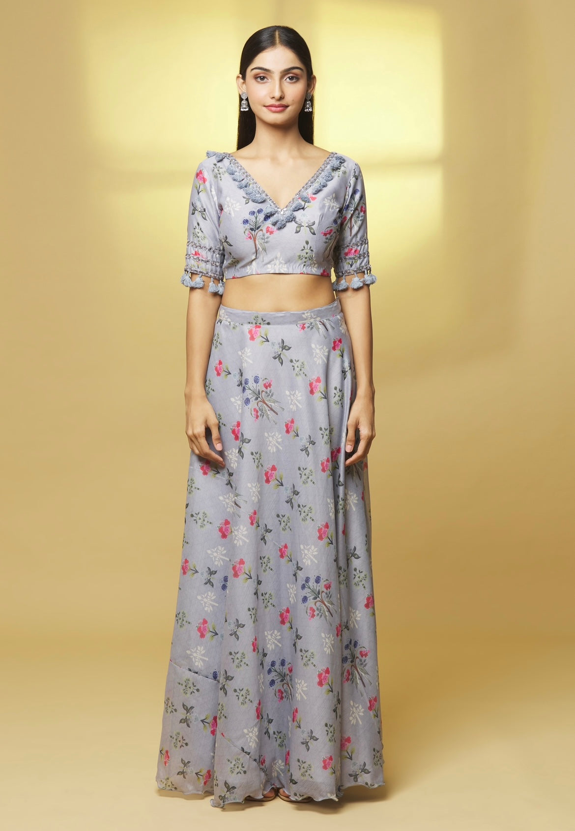 GREY PRINTED CHANDERI LEHENGA