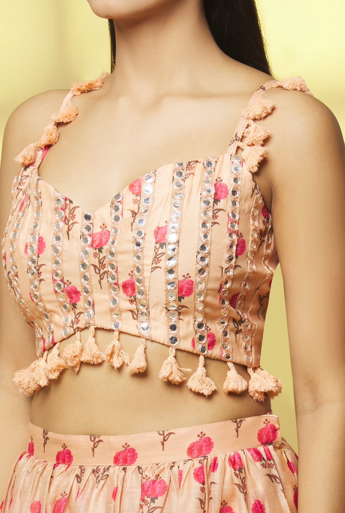 PEACH PRINTED CHANDERI LEHENGA