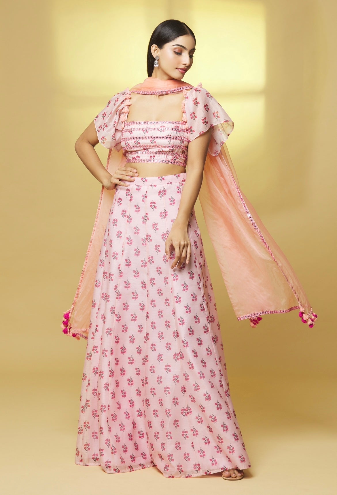 PINK PRINTED CHANDERI LEHENGA