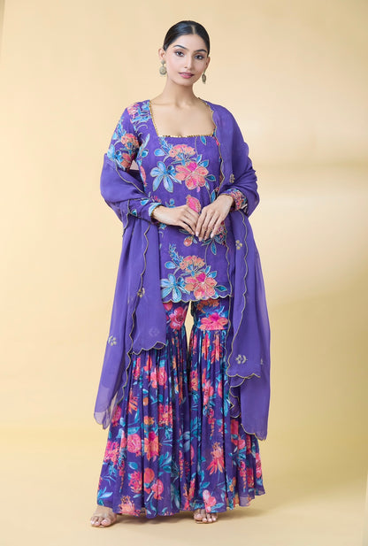 PURPLE FLORAL PRINTED SUIT SET