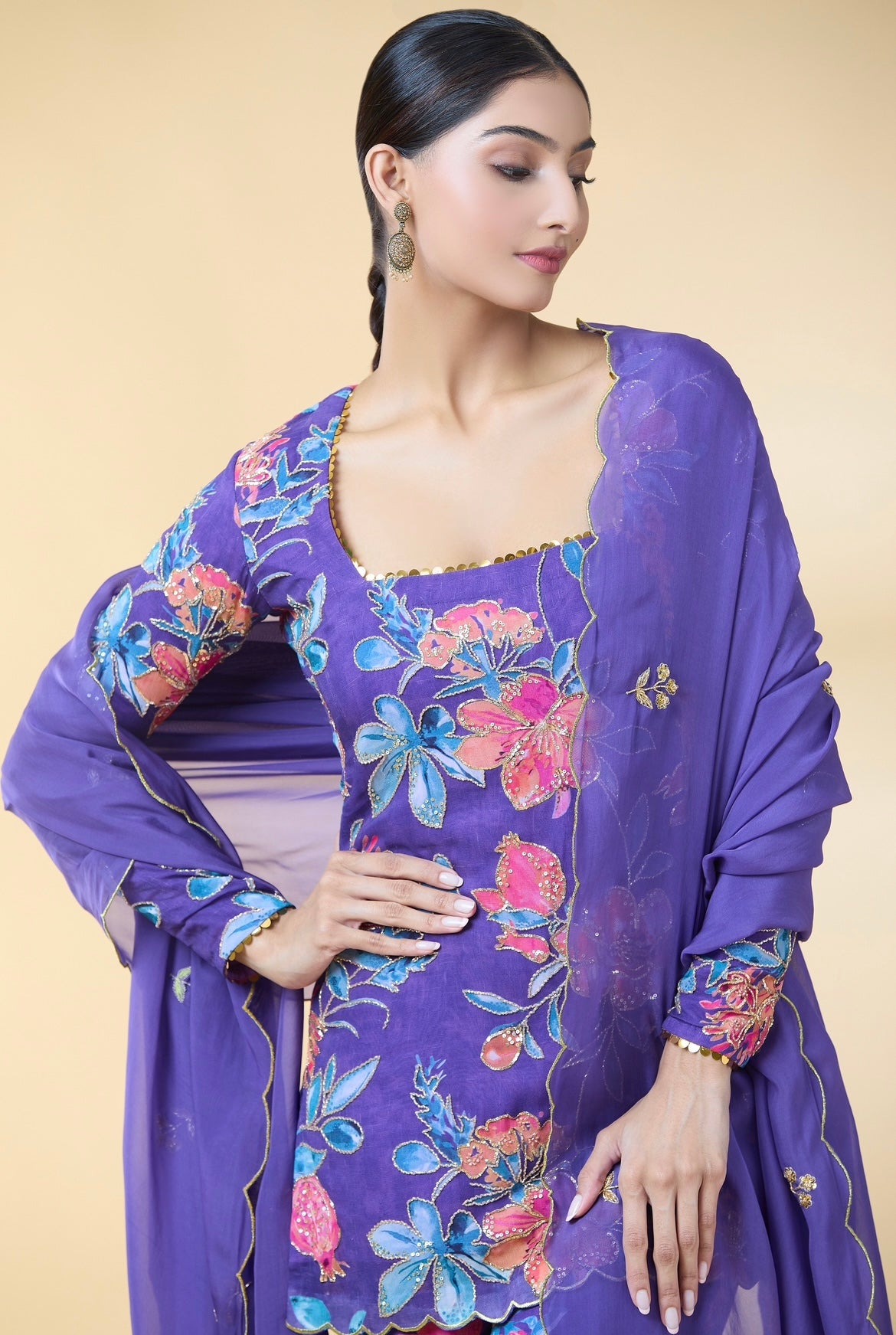 PURPLE FLORAL PRINTED SUIT SET