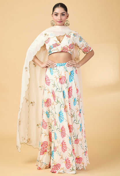 OFF WHITE FLORAL PRINTED LEHENGA