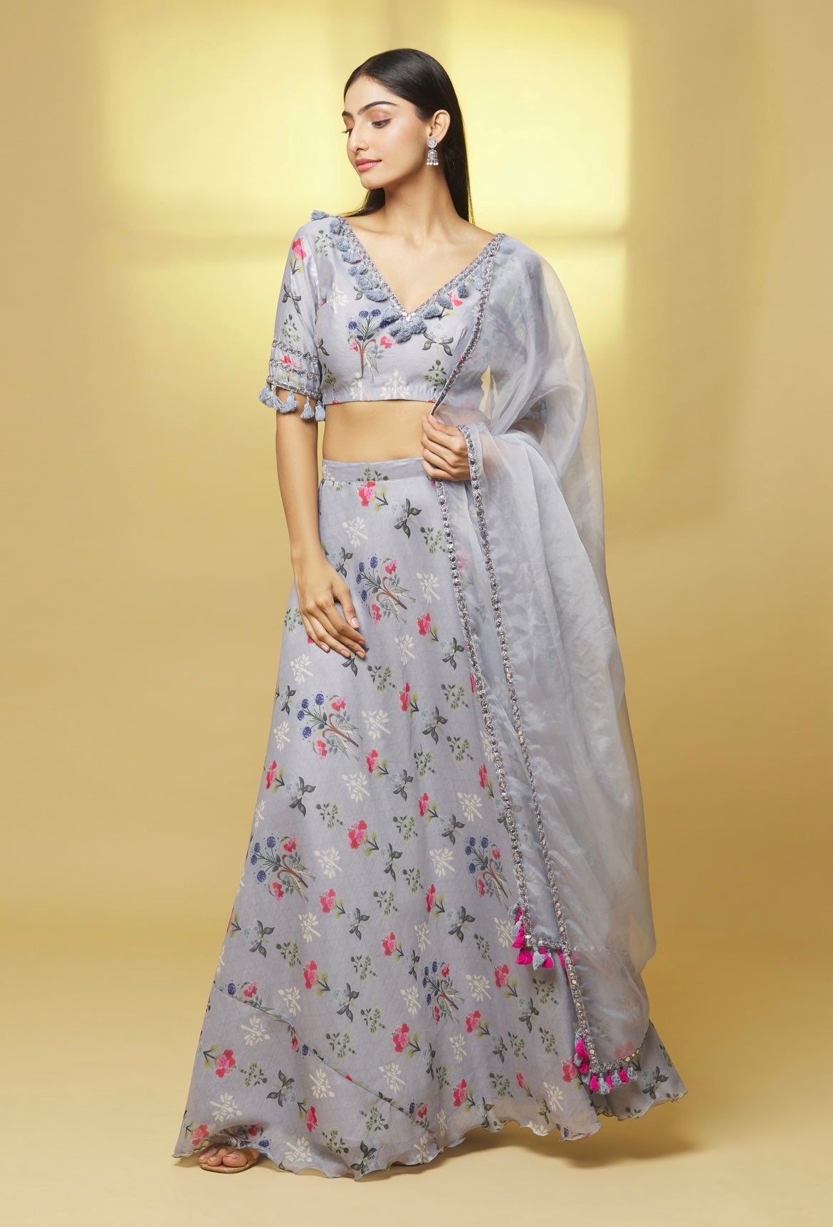 GREY PRINTED CHANDERI LEHENGA