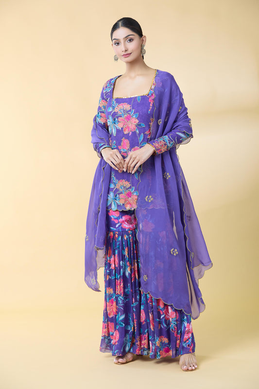 PURPLE FLORAL PRINTED SUIT SET