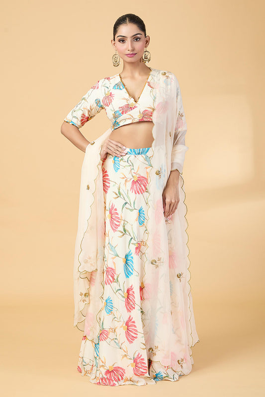 OFF WHITE FLORAL PRINTED LEHENGA