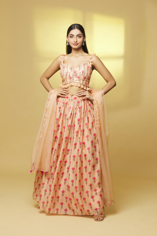 PEACH PRINTED CHANDERI LEHENGA