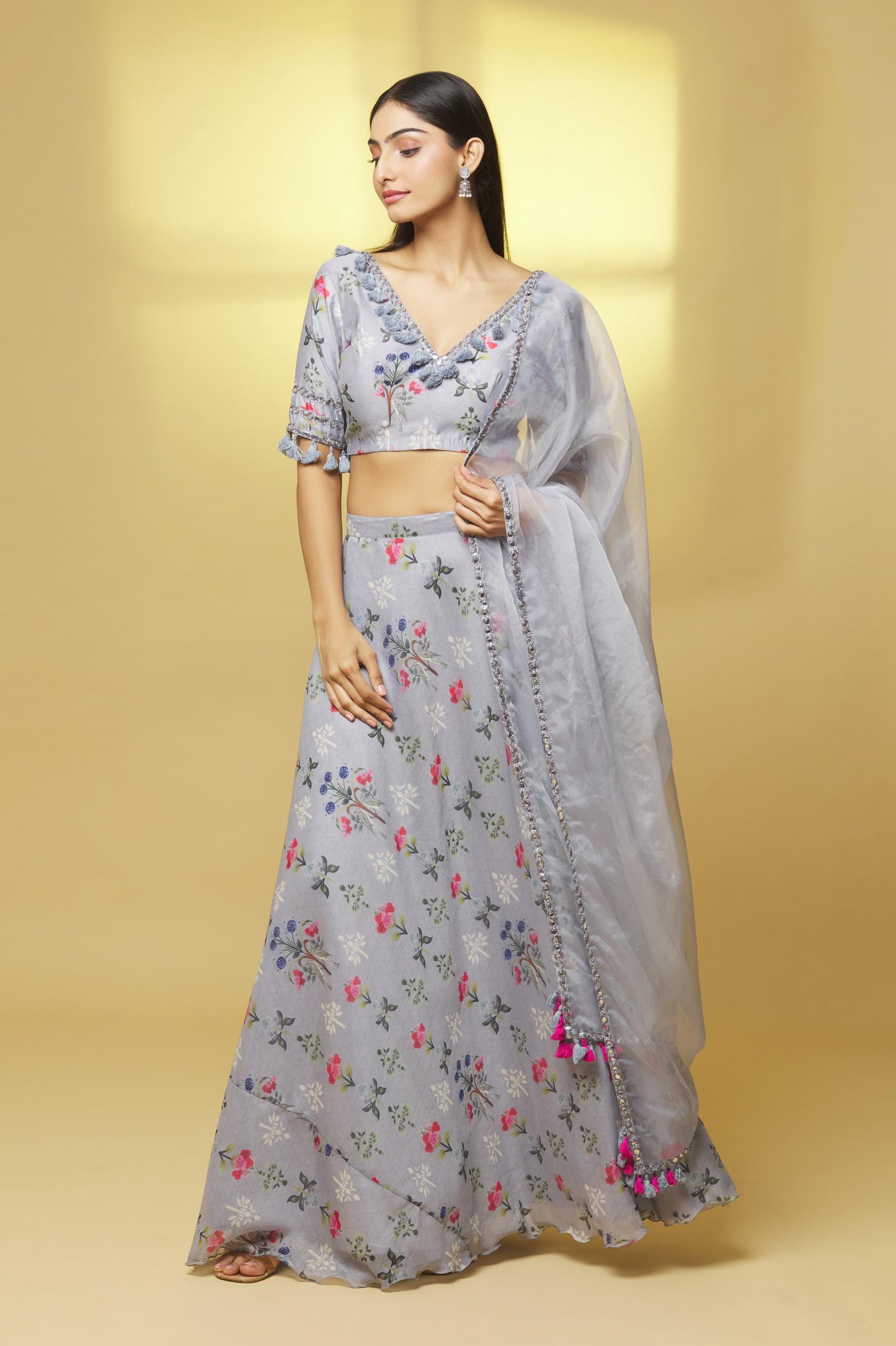 GREY PRINTED CHANDERI LEHENGA