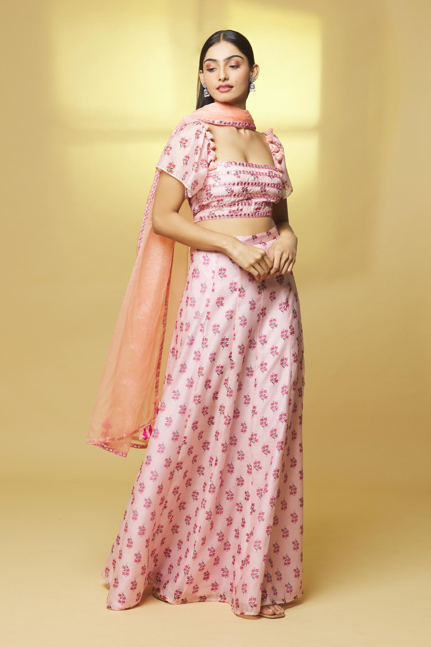 PINK PRINTED CHANDERI LEHENGA