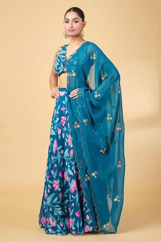 BLUE FLORAL PRINTED LEHENGA