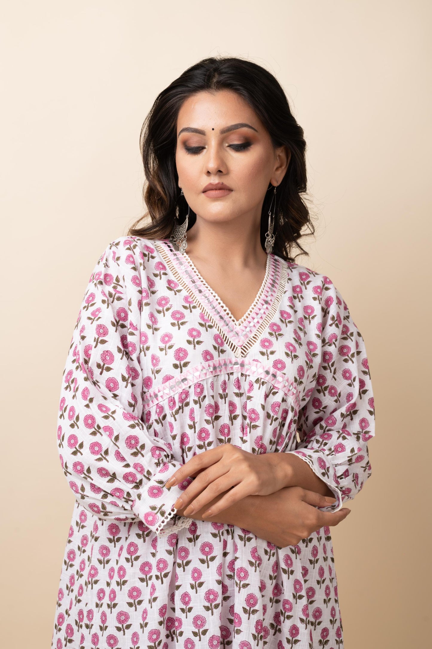 PINK PRINTED BUTTI GATHERED KURTA SET