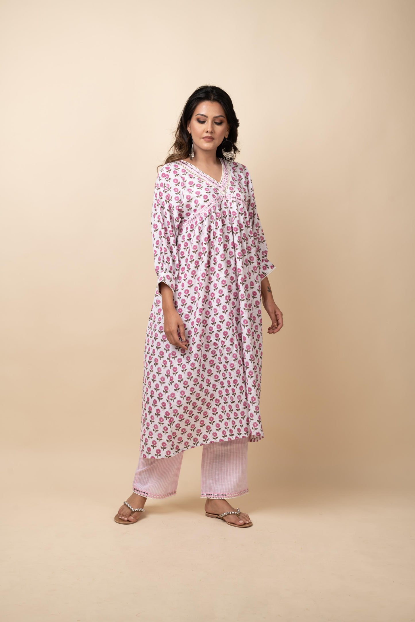 PINK PRINTED BUTTI GATHERED KURTA SET