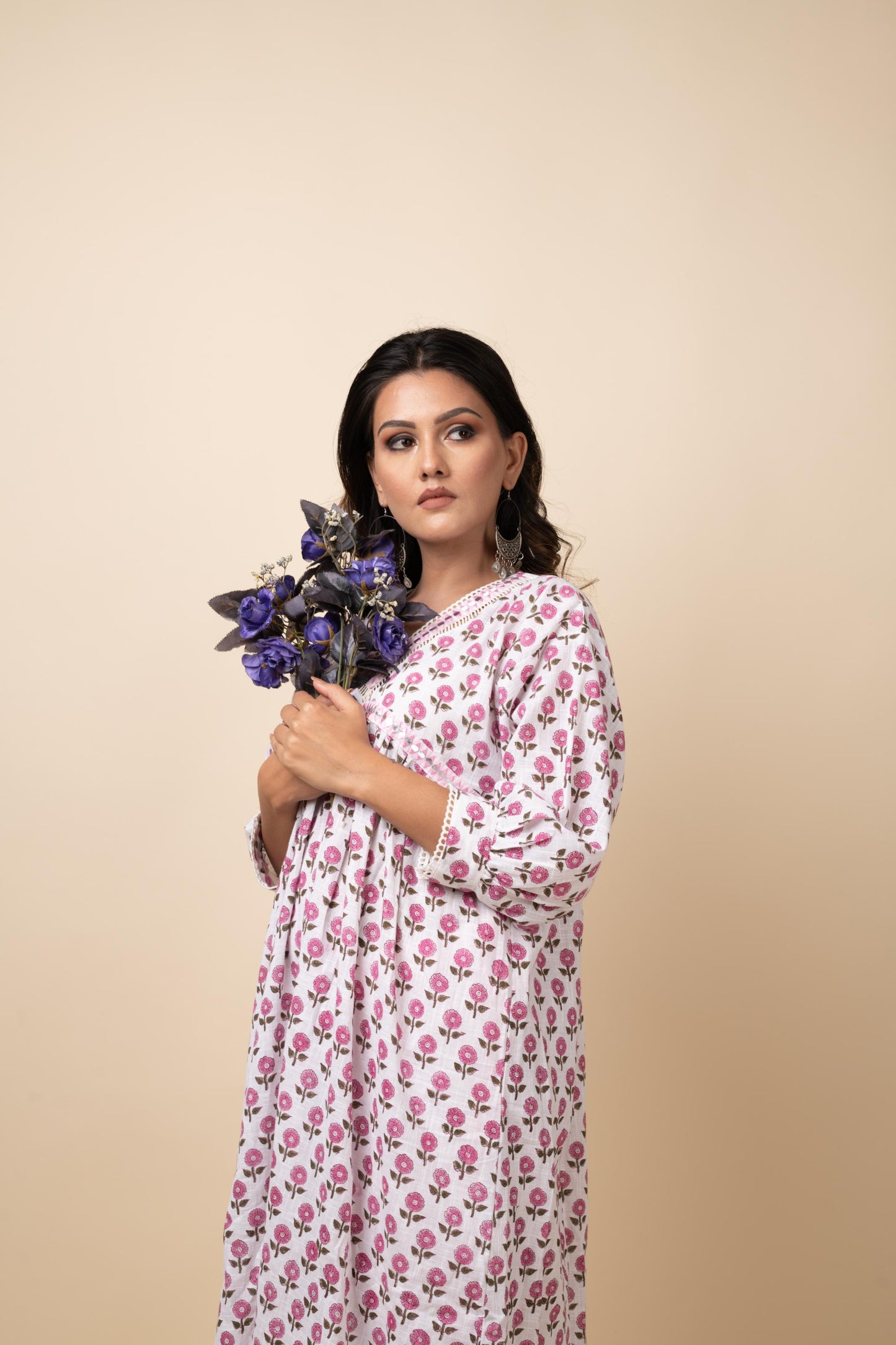 PINK PRINTED BUTTI GATHERED KURTA SET