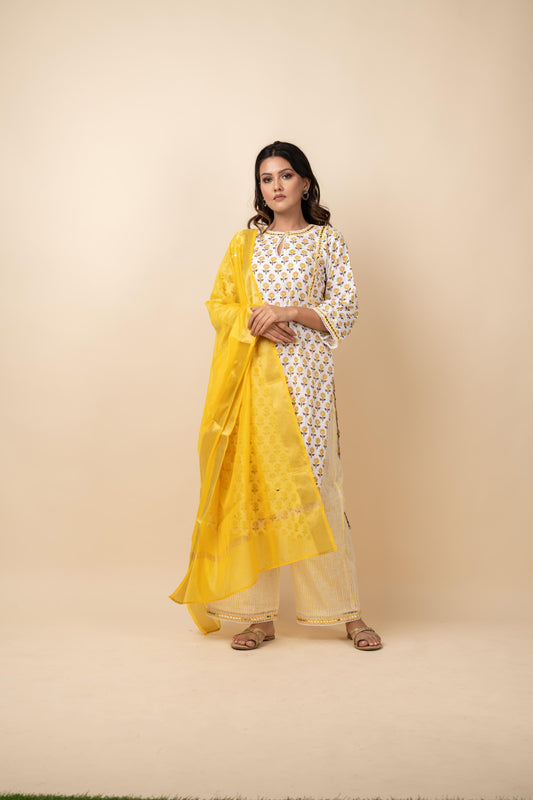 YELLOW PRINTED BUTTI SUIT SET
